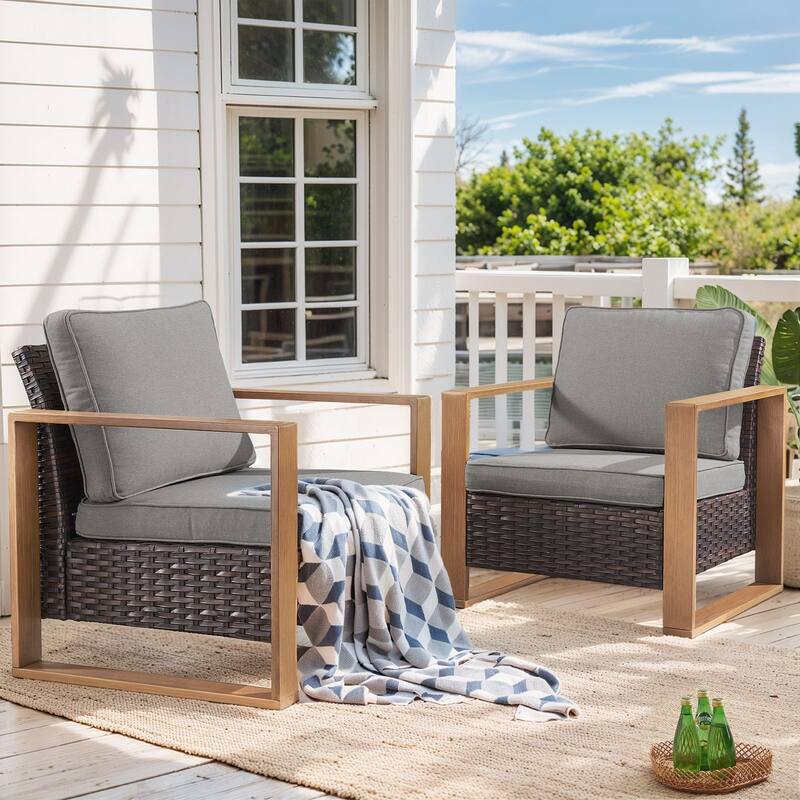 Outdoor Patio Chair with Thick Cushion - Brwon Wicker Grey Cushion - 2PCS Patio Chairs