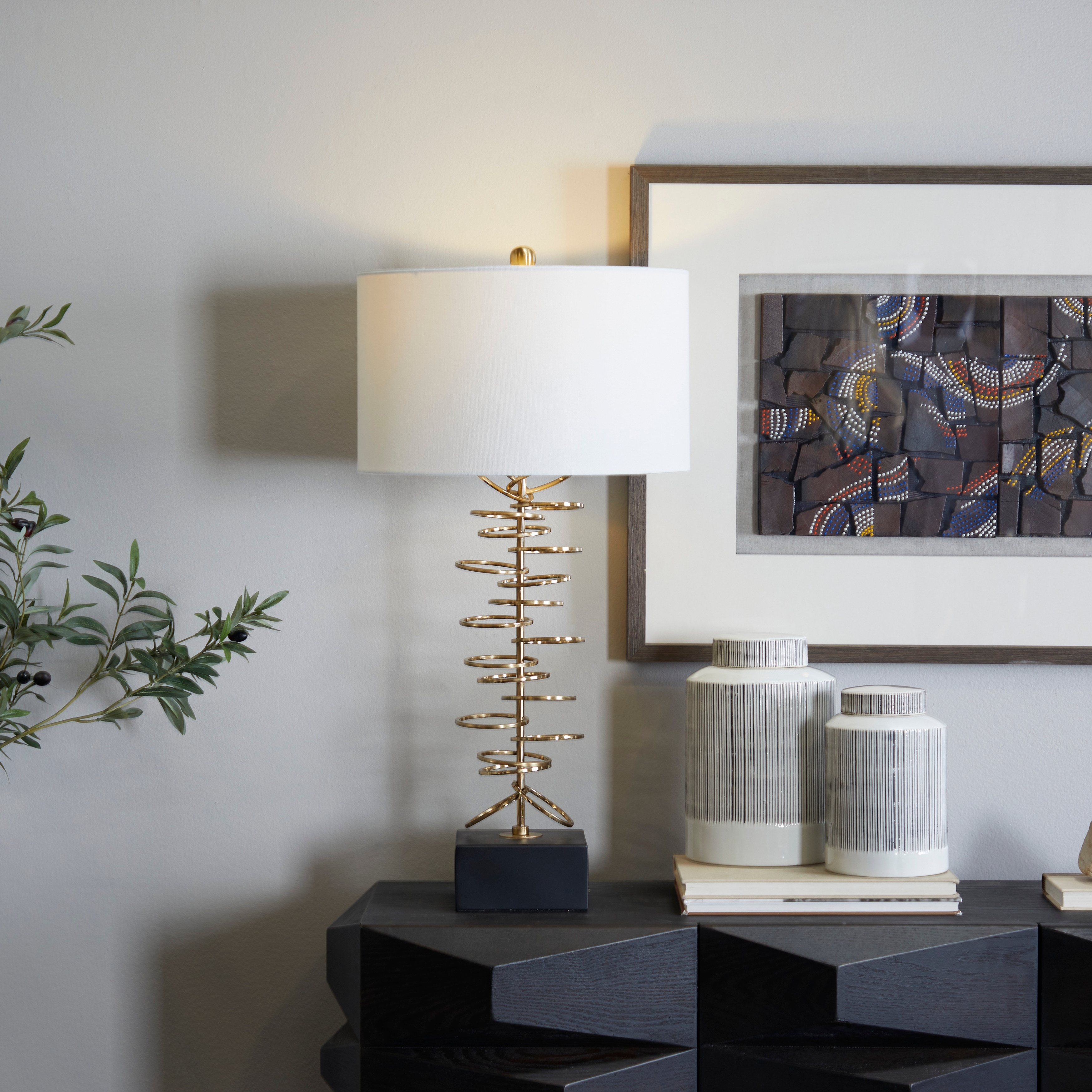 Gold Metal Gold Stacked Ring Room Table Lamp with Drum Shade