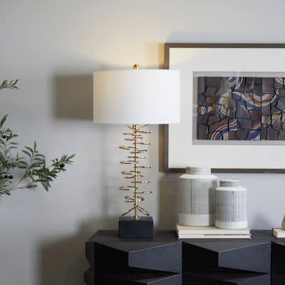 Gold Metal Gold Stacked Ring Room Table Lamp with Drum Shade