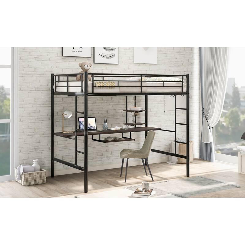 Space-Saving Loft Bed with Desk and Shelf, Full Size, Black
