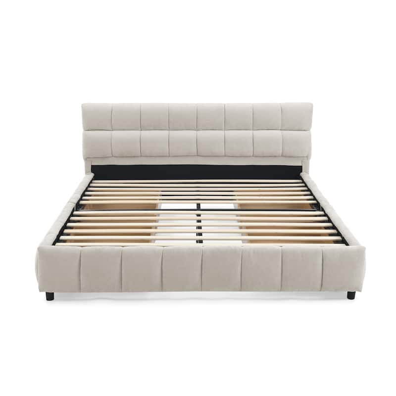 Modern Upholstered Queen Platform Bed Frame w/4 Storage Drawers, Soft Headboard, Grounded Chenille Fabric Bed Frame for Bedroom