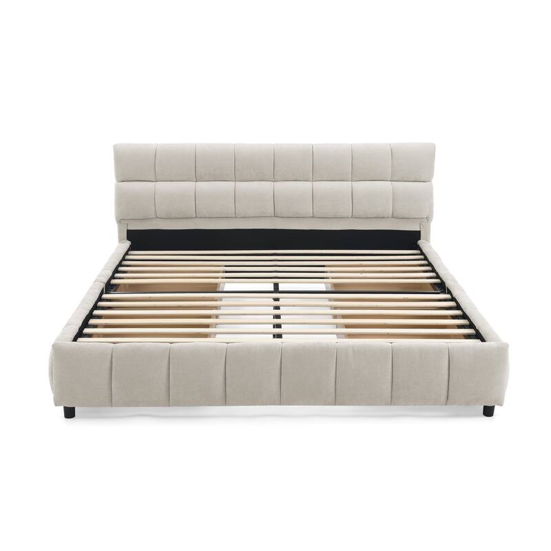 Queen Size Upholstered Bed with Tufted Headboard, Chenille Fabric Platform Bed with 4 Storage Drawers, Solid Wood Bed Frame