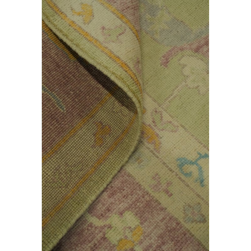 Vegetable Dye Green Oushak Turkish Area Rug, Floral Geometric Carpet - 12' 1'' X 9' 2''
