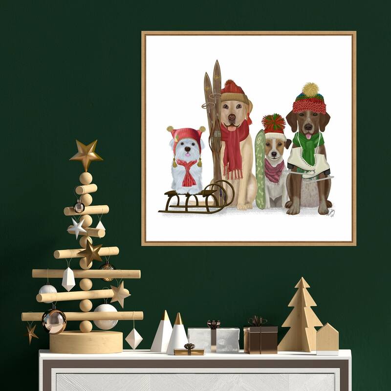 Christmas Dogs Winter Sports Fans by Fab Funky Framed Canvas Wall Art