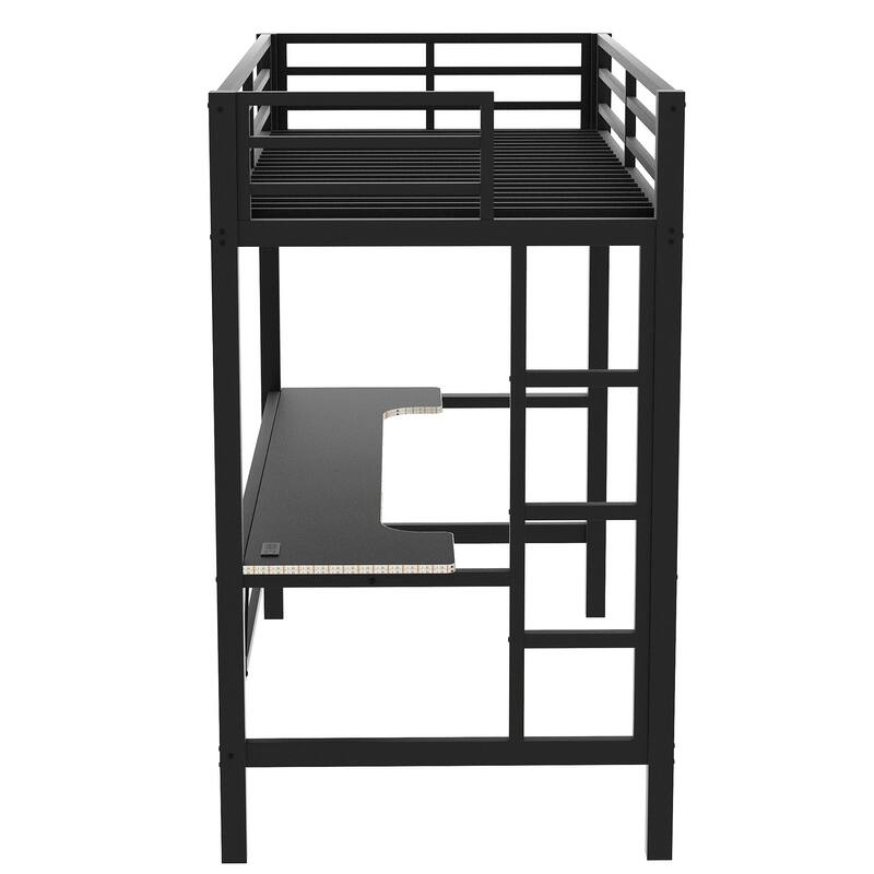 Metal Gaming Loft Bed with Desk & USB Charge Station, Teens Bedrooms Bed Frame with LED Lights, Full-Length Guardrails