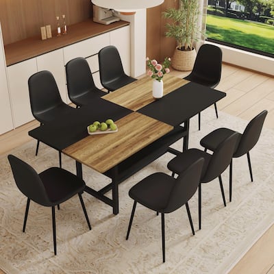 9 Piece Storage Dining Table Set for 8, Modern 71" Rectangle Wood Dining Table with 8 All-Black Chairs for Dining Room Kitchen