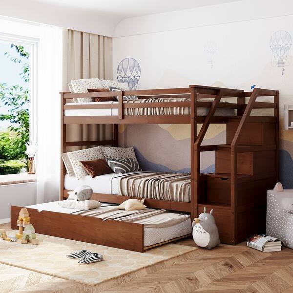 slide 2 of 15, Twin over Twin Wooden Bunk Bed with Twin Trundle & 3 Storage Stairs - Space-Saving Design Walnut