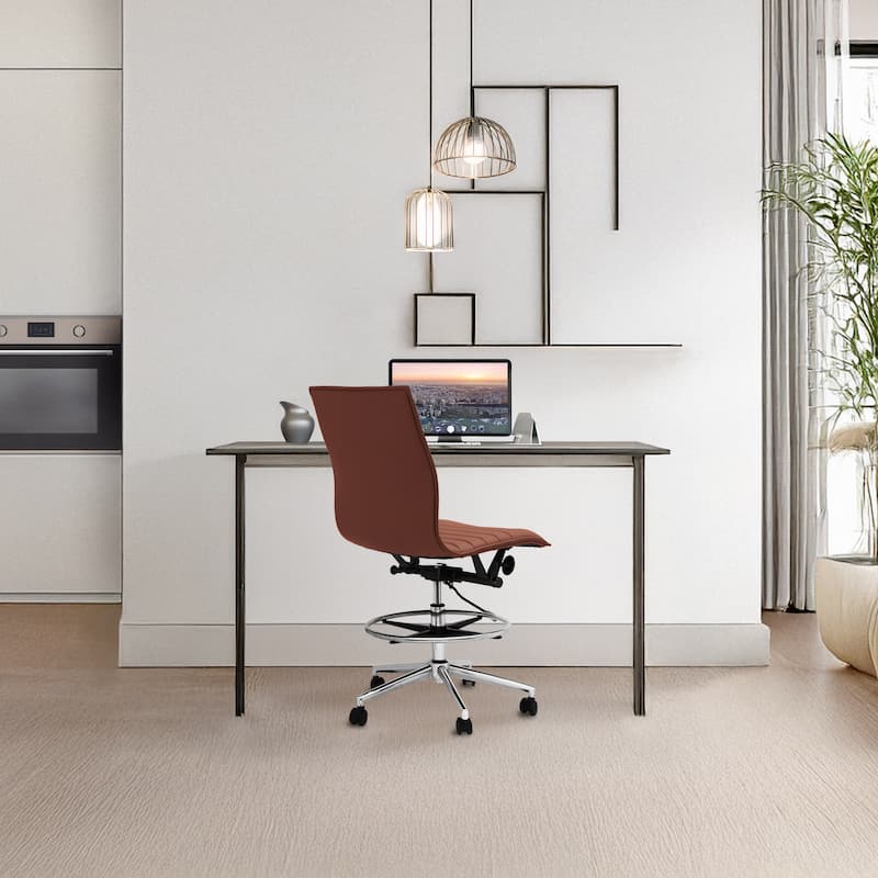 Modern Drafting Chair Upholstered PU Leather Ribbed Armless Mid Back with Tall Adjustable Base & Leg Rest