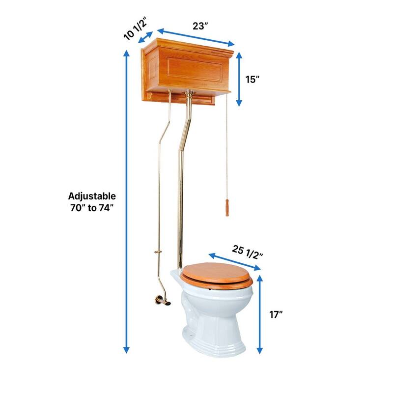 High Tank Toilet Light Oak Finish Wooden Tank, Round Porcelain Bowl and Brass L Pipes Renovators Supply - White