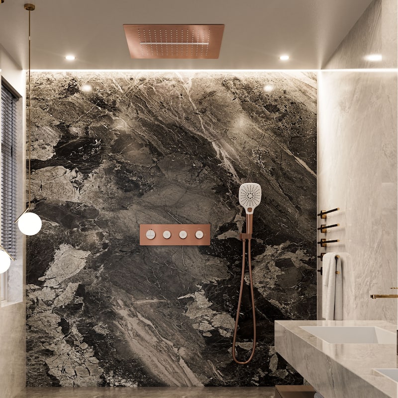 Luxury Thermostatic Shower System 5-Spray Patterns 16" Ceiling Mount Fixed and Handheld Shower Head - 15.7" x 15.7"
