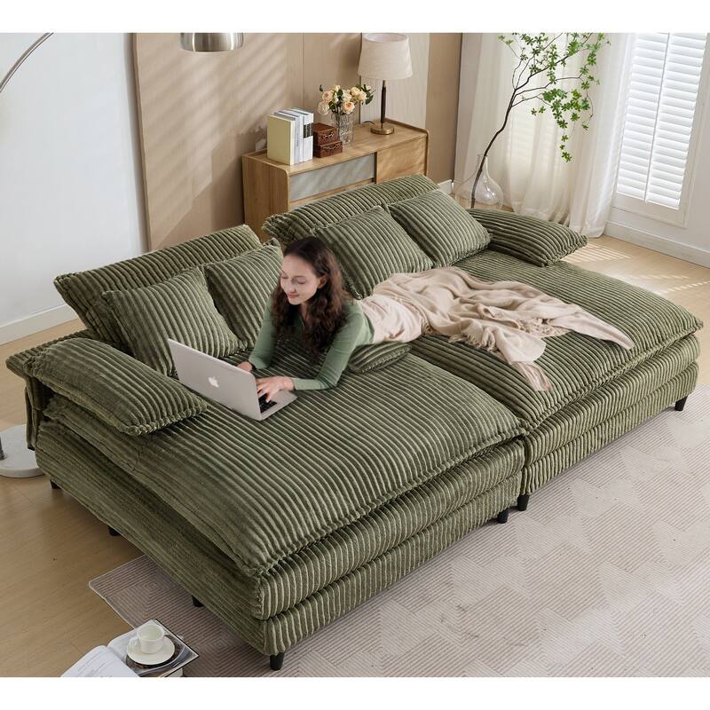 109" W Oversized Corduroy Lounge Chaise Sleeper Sofa 4 Pillows - Green