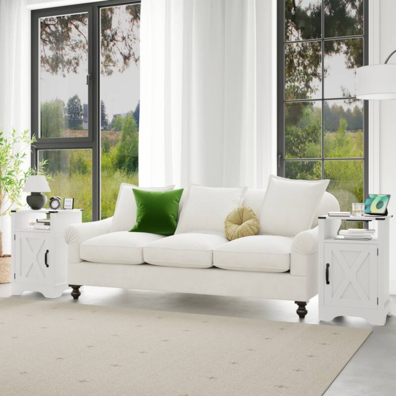 Farmhouse Nightstand Side Table,Tall Bedside Table with Electrical Outlets Charging Station (2 Sets) - White