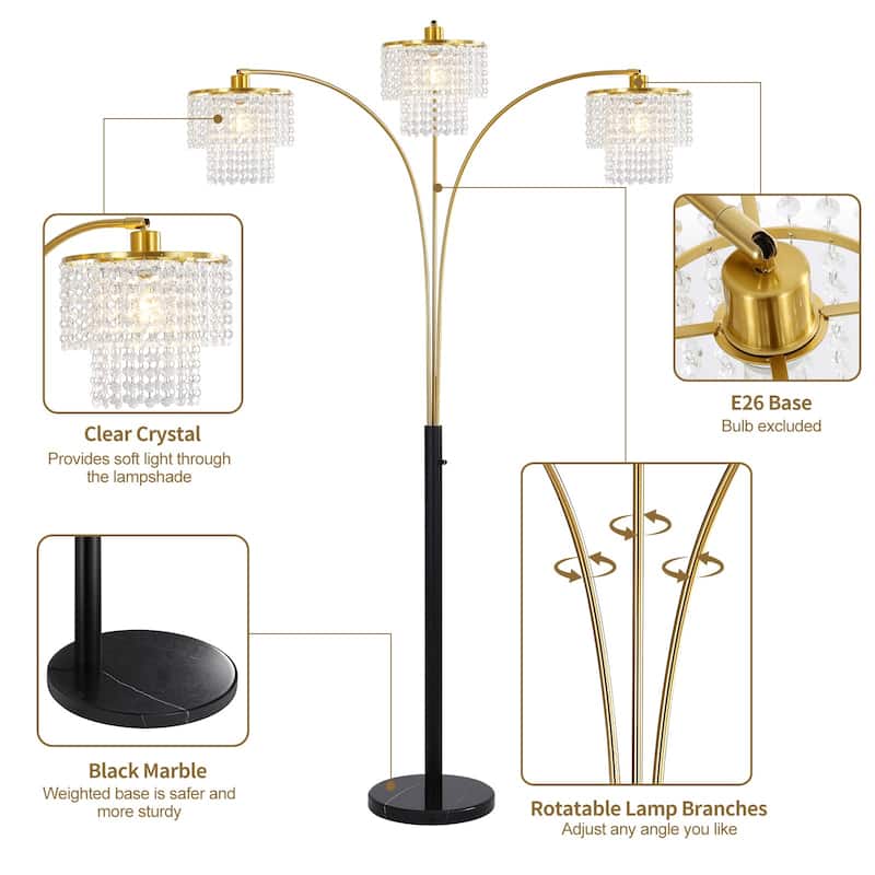 Brio 85" 3-Light Modern Gold Crystal Arc Floor Lamp - 85
