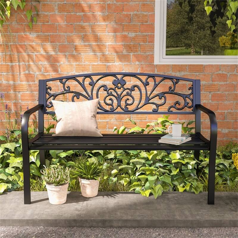 Outdoor Steel Garden Bench with Floral Backrest Two Seat Patio Seat for Yard Porch and Garden - 50" L x 23.5" W x 34.25" H