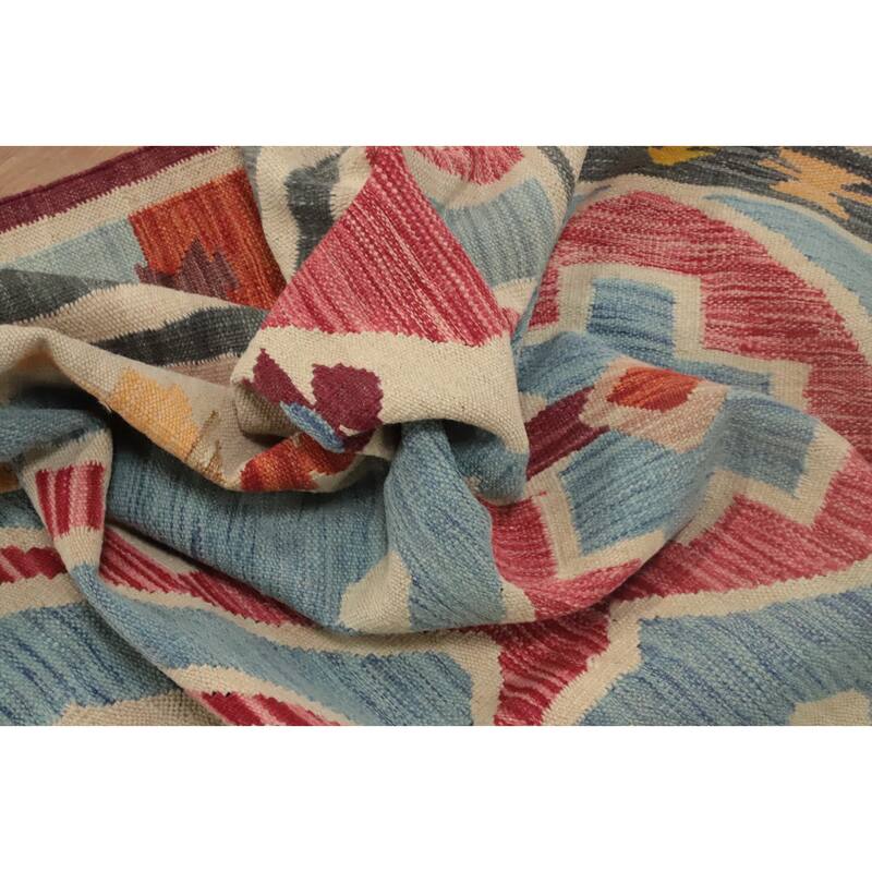 Hand Woven Oriental 100% Wool Carpet Southwestern Tribal Navy Blue & Blues Kilim Area Rug - 9' 8'' X 6' 6''