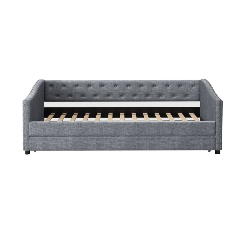 Linen Tufted Daybed with Trundle, Upholstered Platform Sofa Bed Frame, Wooden Slat Support