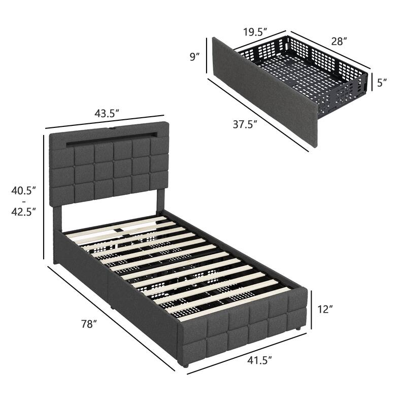 Upholstered Queen LED Bed Frame with Headboard and 4 Drawers-Queen Size
