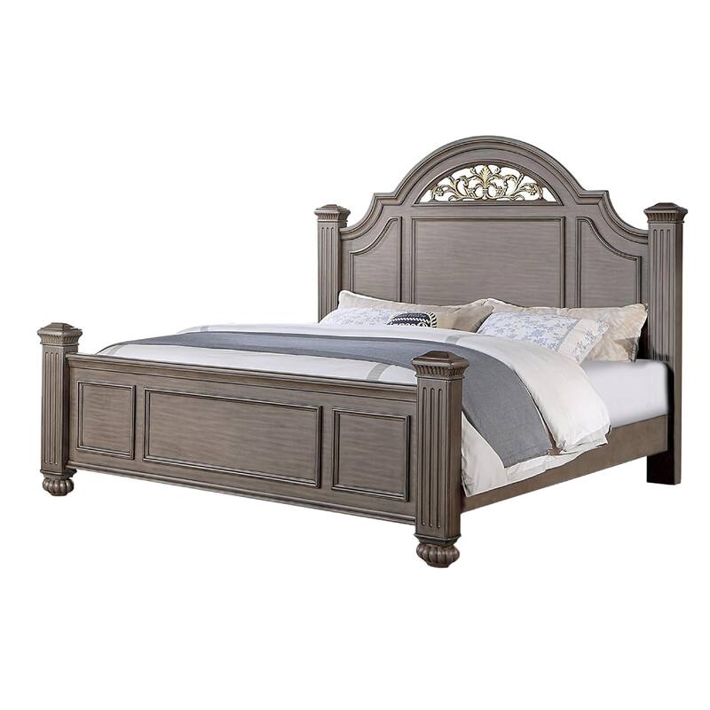 Recus King Bed, Carved Floral Details, Arched Headboard, Gray Wood