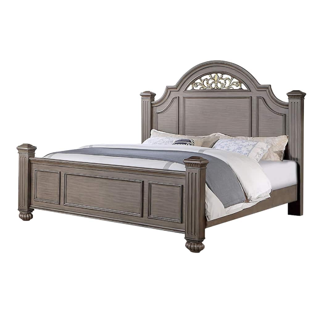 Recus King Bed, Carved Floral Details, Arched Headboard, Gray Wood