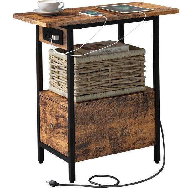 End Table with Charging Station, Narrow Side Table with Drawer and USB