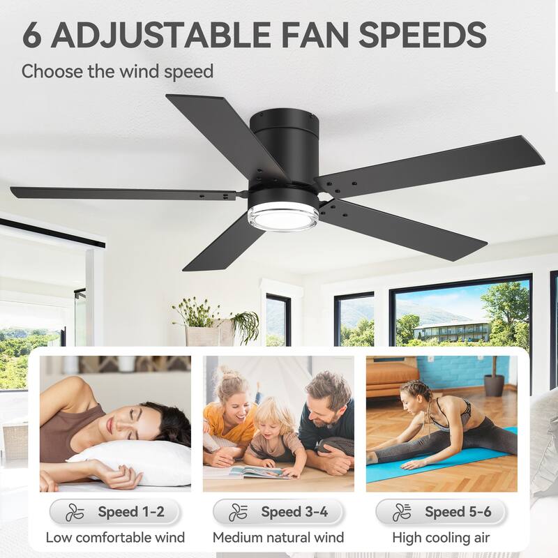52" Reversible 5-Blade Flush Mount Ceiling Fan with LED Light and Remote
