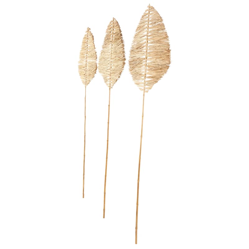 Bamboo Wood Leaf Handmade Tall Tassel Palm Leaf Fan Stick Home Decor Natural Foliage - Set of 3 Light Brown - Roche River Decor