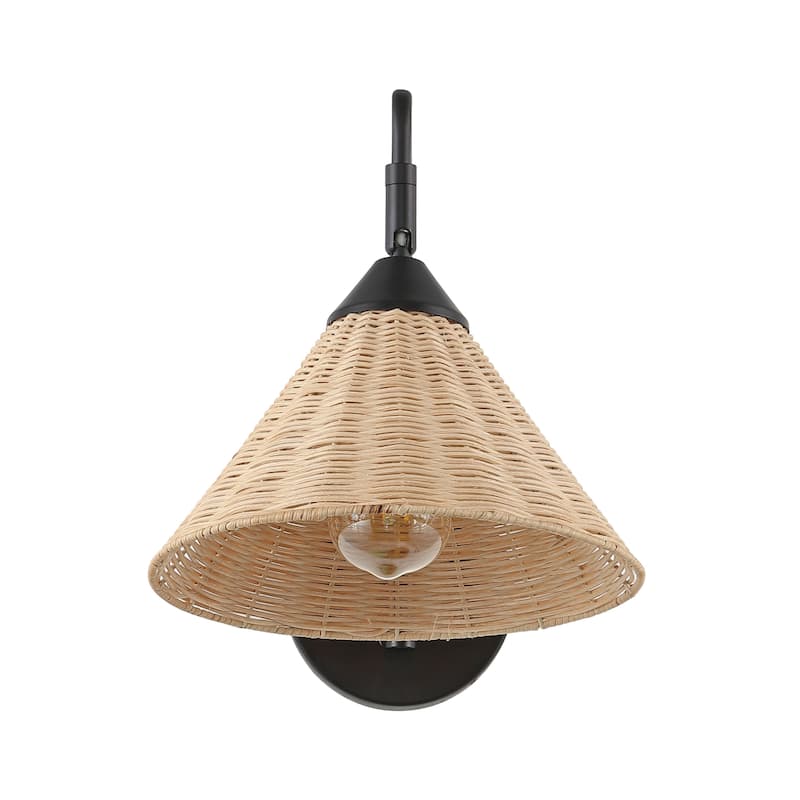 Lily 11" 1-Light Vintage Coastal Rattan/Metal Swing Arm LED Sconce, Black/Natural, by JONATHAN Y