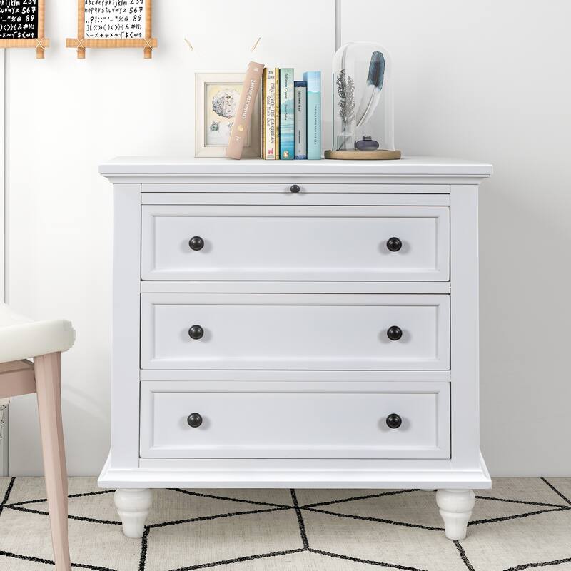 3-Drawer Storage Wood Cabinet, End Table with Pull out Tray - Antique White