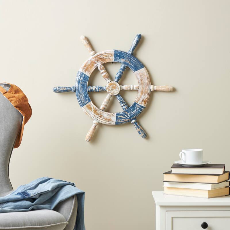 Blue Wood Distressed Two-Toned Ship Wheel Home Wall Decor with Brown Accents - Blue