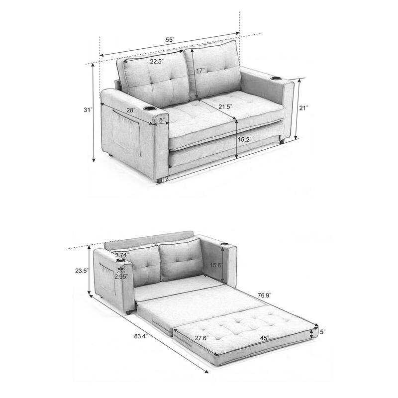 3-in-1 Foldable Convertible Upholstered Futon Sofa w/ Side Pockets