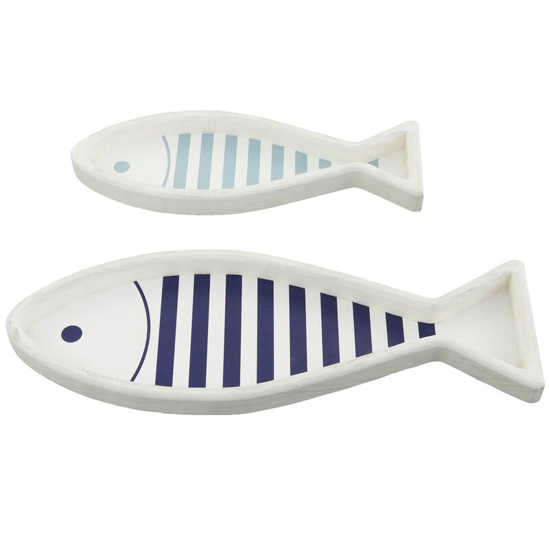 White Wood Fish Living Room Decor Tray (Set of 2) - 21", 16"W