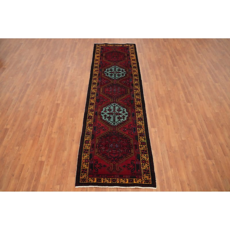 Hand Knotted Oriental 100% Wool Carpet Traditional Geometric Red Ardebil Runner Rug - 10' 6'' X 3' 2''