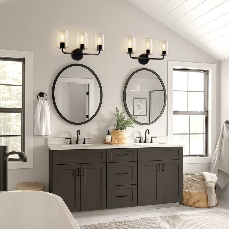 YANSUN 3-Light Black Vanity Light with Clear Cylindrical Glass Shades, Modern E26 Wall Sconce for Bathroom or Hallway
