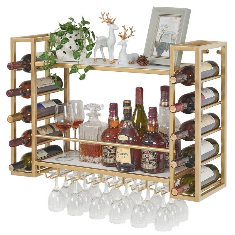 Wall Mounted Wine Rack - 32.76"D x 9.84"W x 21.65"H - Gold