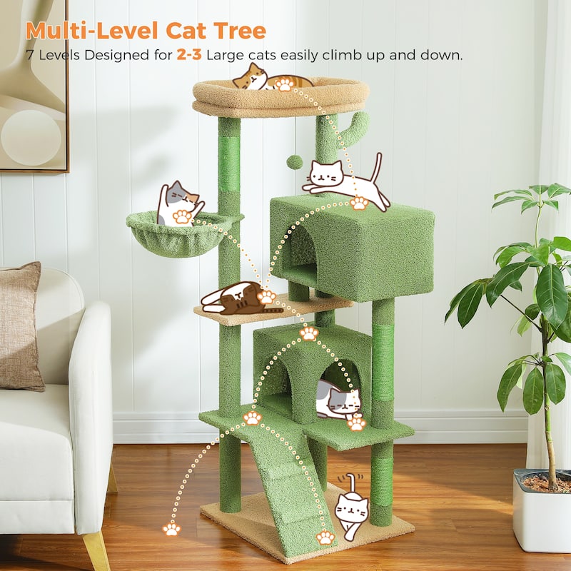 Cat Tree with Large Top Perch, Plush Hammock, 2 Condos, Dangling Pompom & Cat Scratching Posts