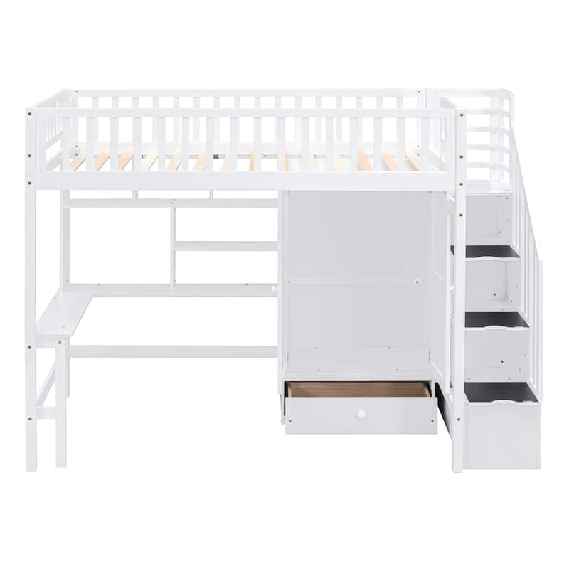 White Twin Loft Bed with Bookshelf, Drawers, Desk & Wardrobe - Space-Saving Study & Storage Solution