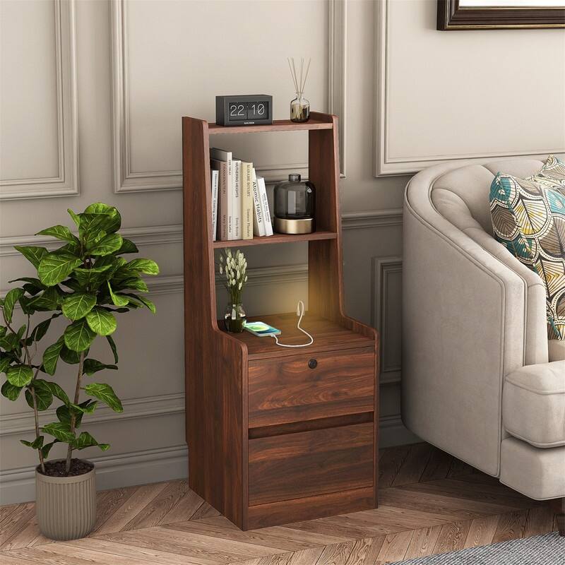Smart Nightstand with 2 Drawers, Night Light and Charging Station, Modern Bedside Table Side Table with Bookshelf for Bedroom
