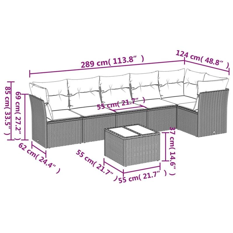 vidaXL 7 Piece Patio Sofa Set with Cushions Black Poly Rattan - 92.2x27.2x46.1