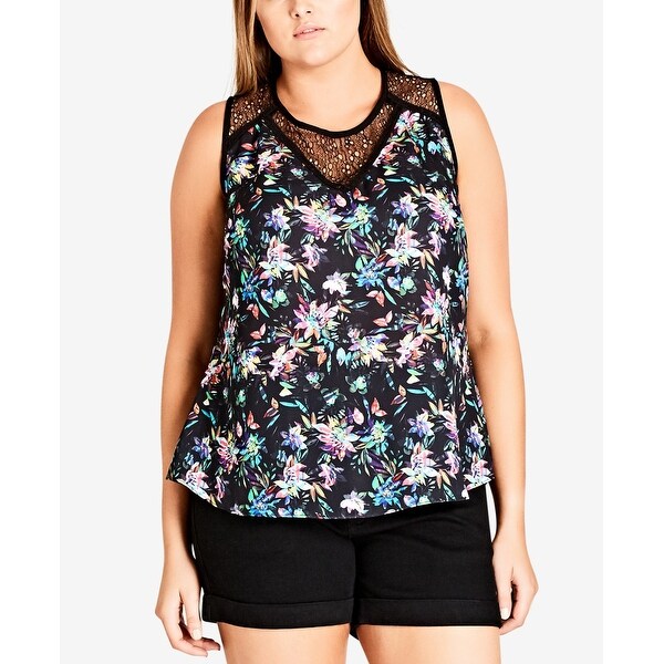 City Chic Black Women's Size 24W Plus Lace-Trimmed Printed Blouse