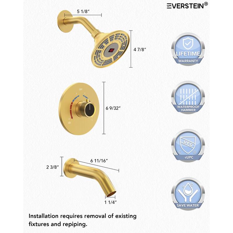 Tub Shower Faucet Set Pressure-Balanced Shower System with Temperature Display Shower Head
