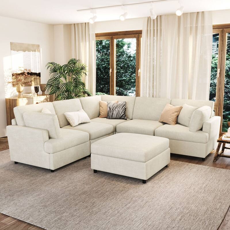 6-Piece U-Shaped Sectional Corner Sofa with Movable Ottoman and Durable Chenille Fabric for Versatile Living Spaces - Beige