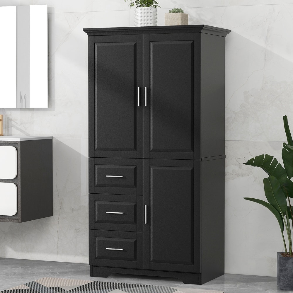 Freestanding Floor Storage Cabinet with 3 Door, 3 Drawers, Long Bar Handles and Adjustable Shelf for Office Living Room Bathroom
