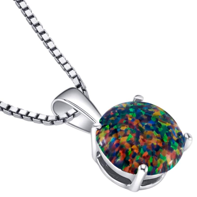 14k White Gold Gold Created Black Opal Solitaire Pendant