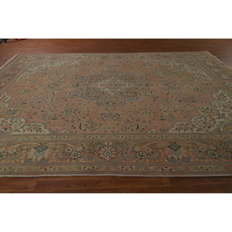 Distressed Floral Tabriz Persian Area Rug Handmade Wool Carpet - 9'10" x 12'9"