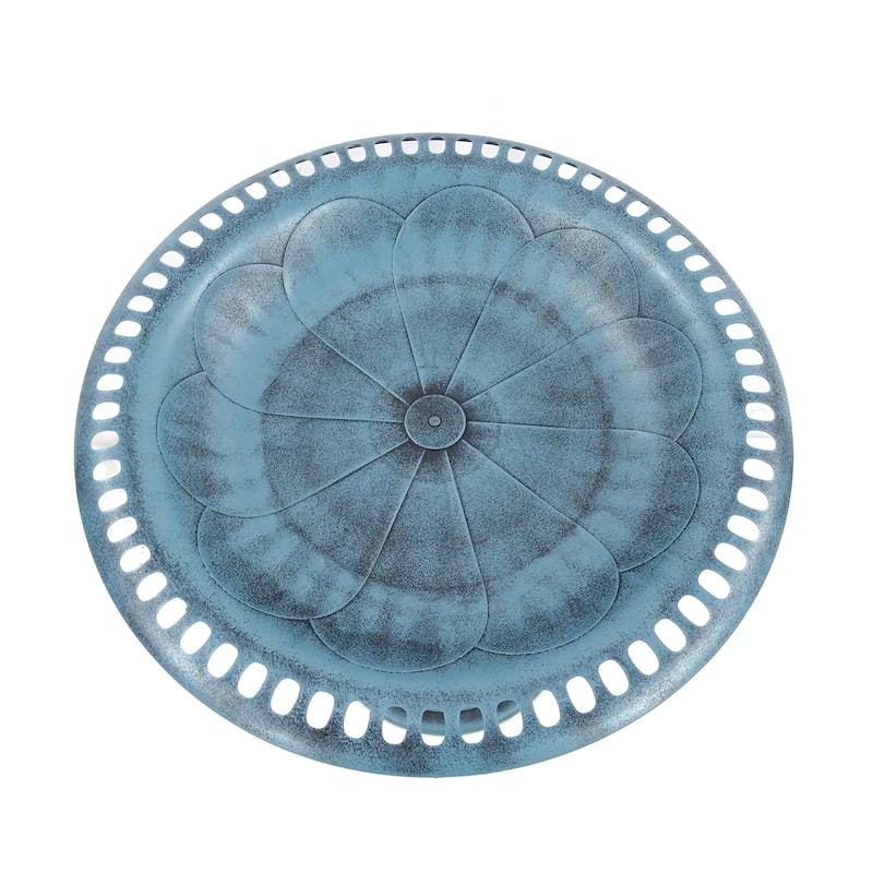 Blue Pedestal Birdbath with Scrollwork Base and Ground Stakes