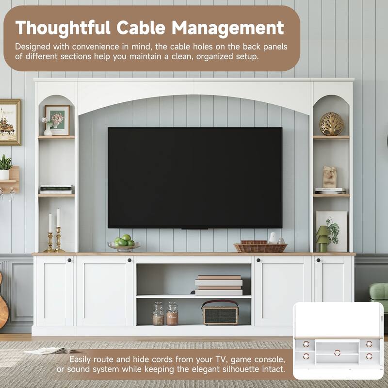 Farmhouse Arched Entertainment Center, 91" Wood Grain Media Console for 70" TVs with Bookshelf & Adjustable Shelves