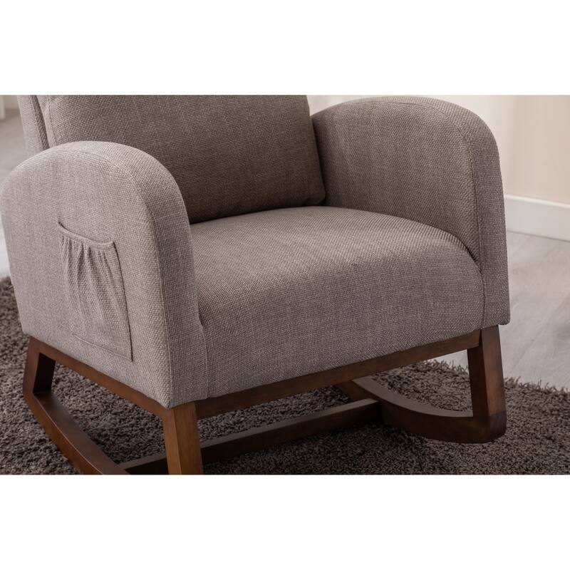 Linen High-Back Rocking Chair with Recliner Function, Side Pocket, and Solid Wood Legs