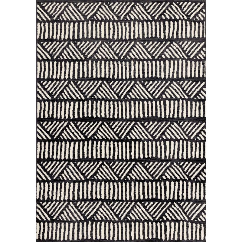 Florence Collection - Black/White Tribal Striped Area Rug - 4'7" x 6'7"