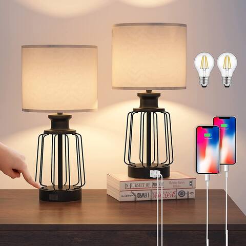 Touch Control Table Lamp Set of 2, Farmhouse Black Cage Bedside Lamps with 2 USB Ports and Outlets