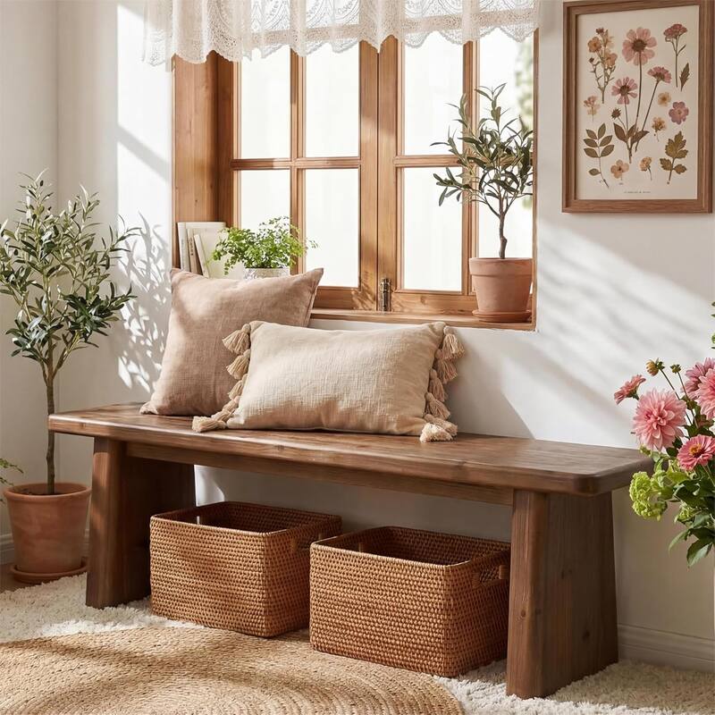 55.1" Solid Wood Entryway Bench, Rustic Bench Indoor for End of Bed, Dining Table, Mudroom, Hallway - Dark Brown